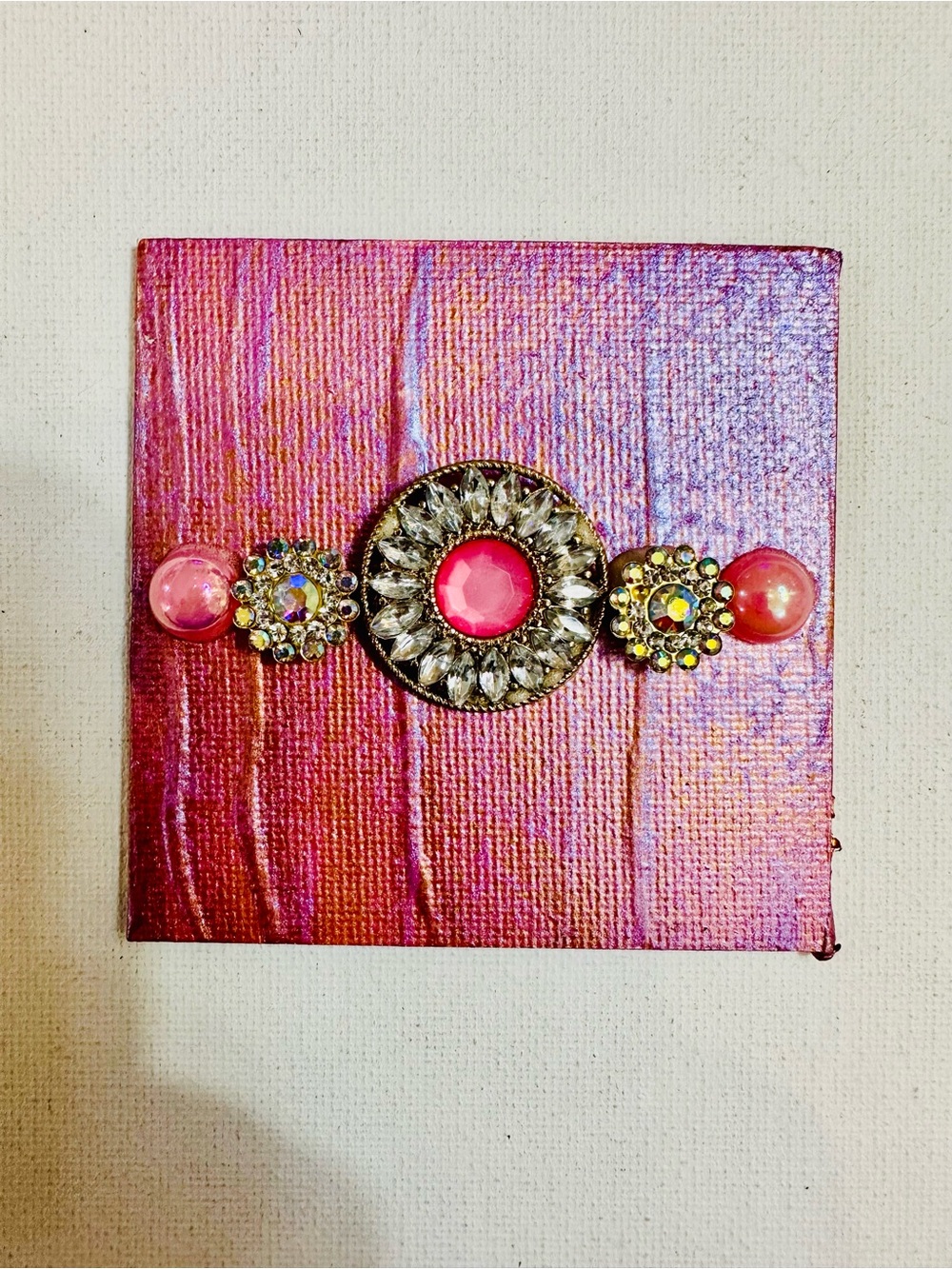 Handmade 3x3 Mixed Media Magnet Pink Rhinestone Pearl Statement Art
